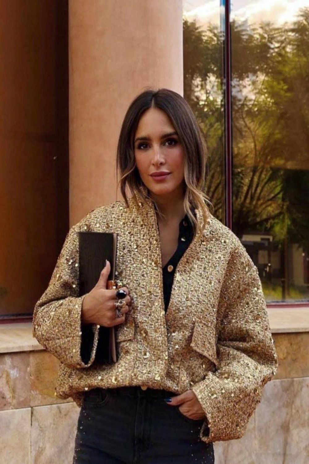 Kadın Payetli Gold Bomber Ceket