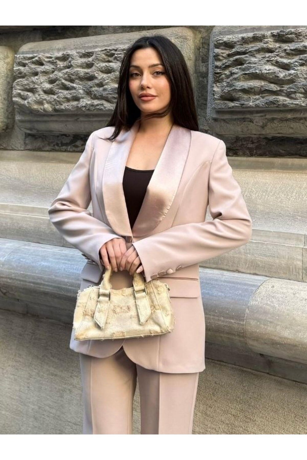 Saten şal yakalı ikili takım Blazer