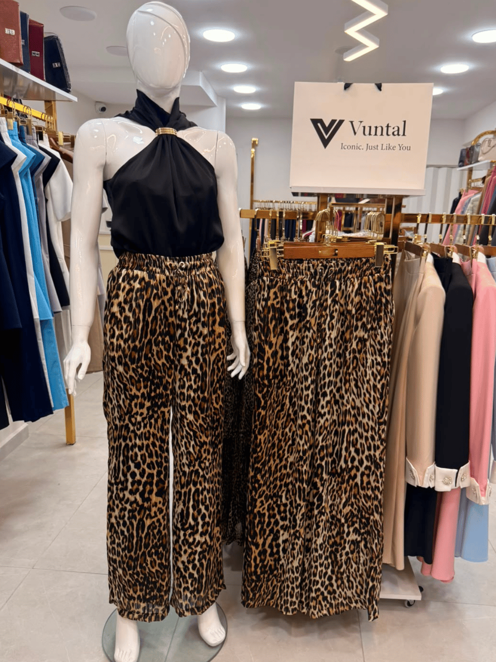 Simli Leopar Şifon Pantolon