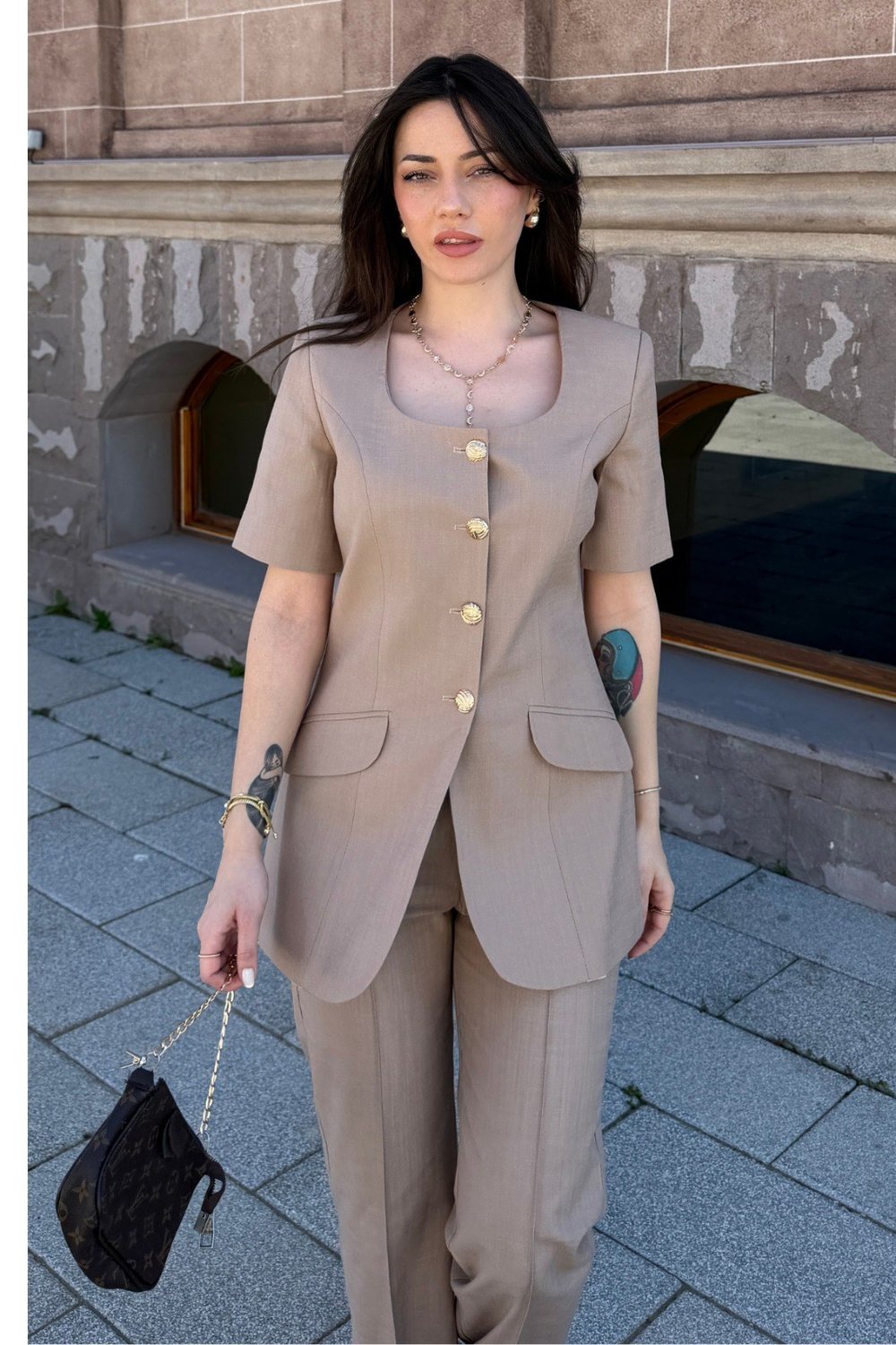 Yarım Kol Keten İkili Takım