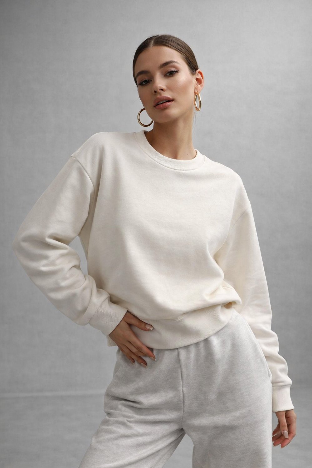 Kadın Ekru Pamuklu Interlock Oversize Sweatshirt