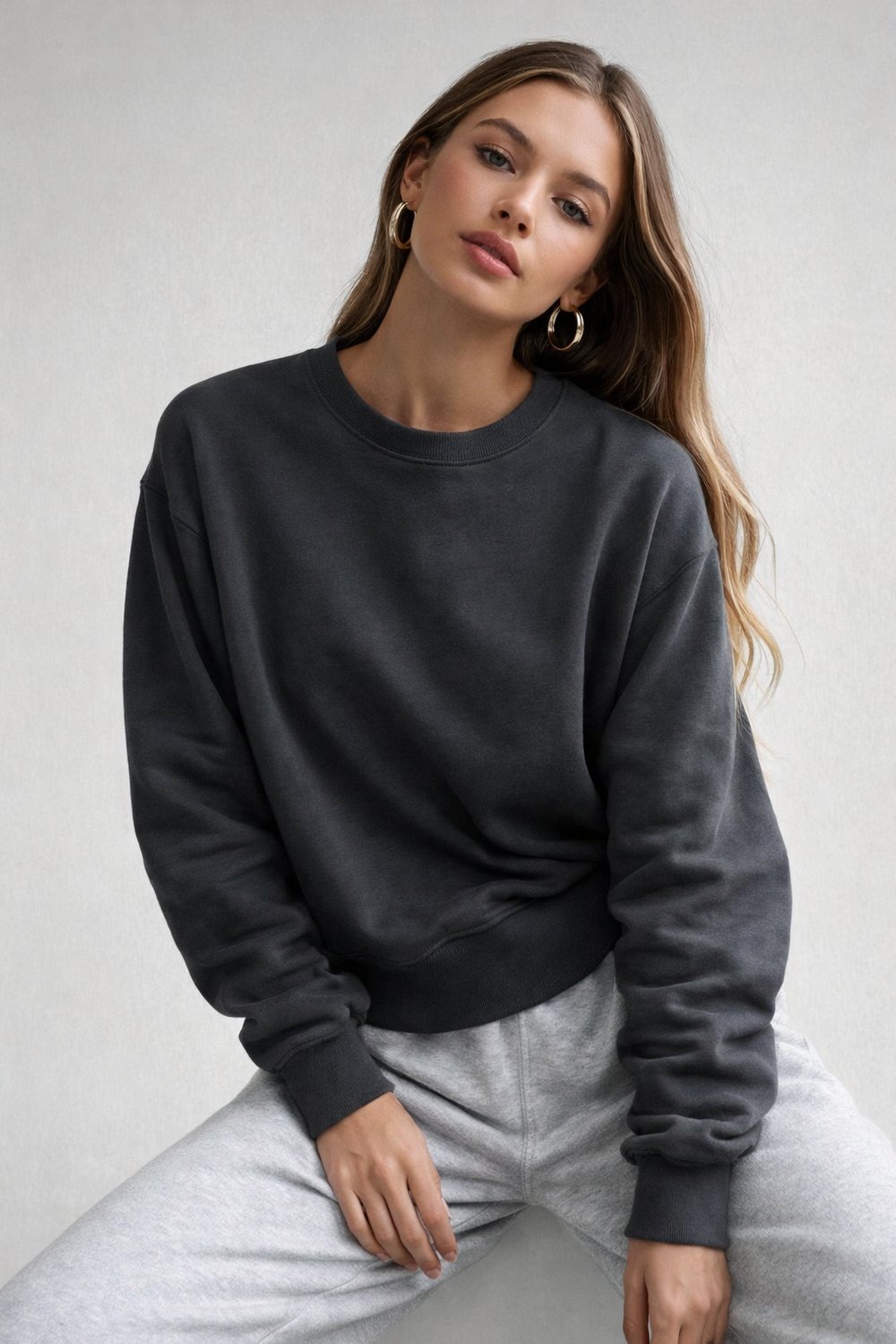 Kadın Füme Pamuklu Interlock Oversize Sweatshirt