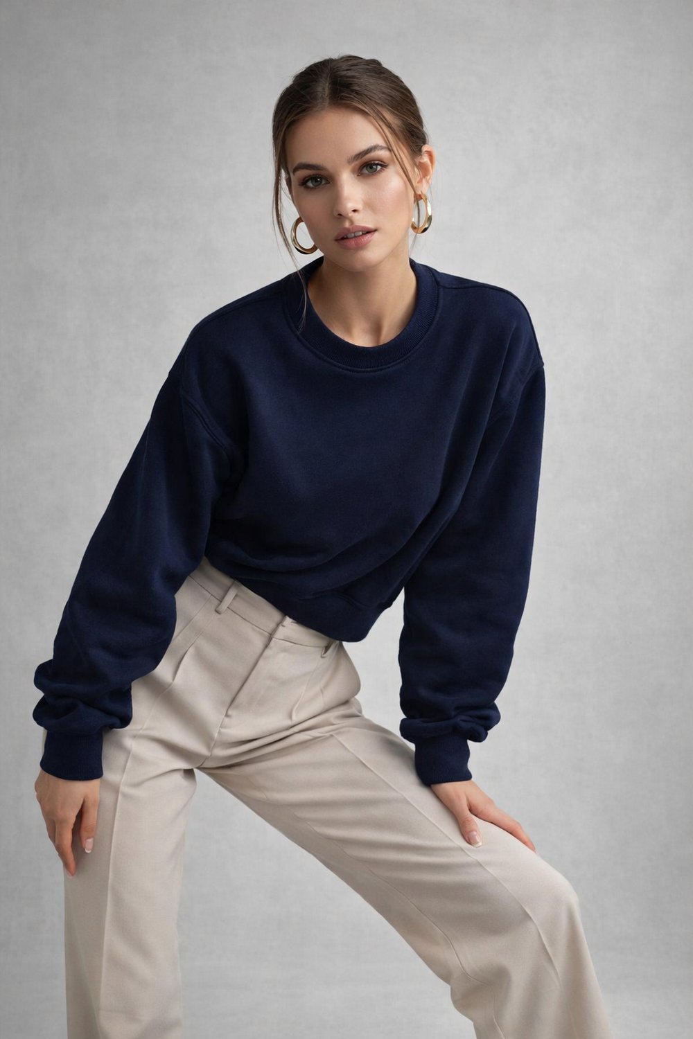 Kadın Lacivert Pamuklu Interlock Oversize Sweatshirt