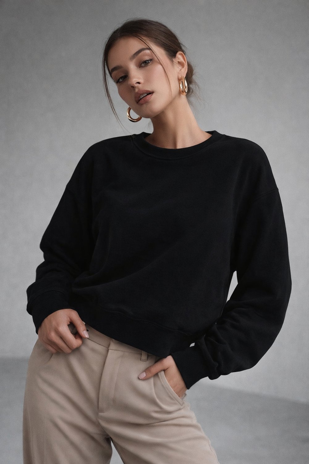 Kadın Siyah Pamuklu Interlock Oversize Sweatshirt
