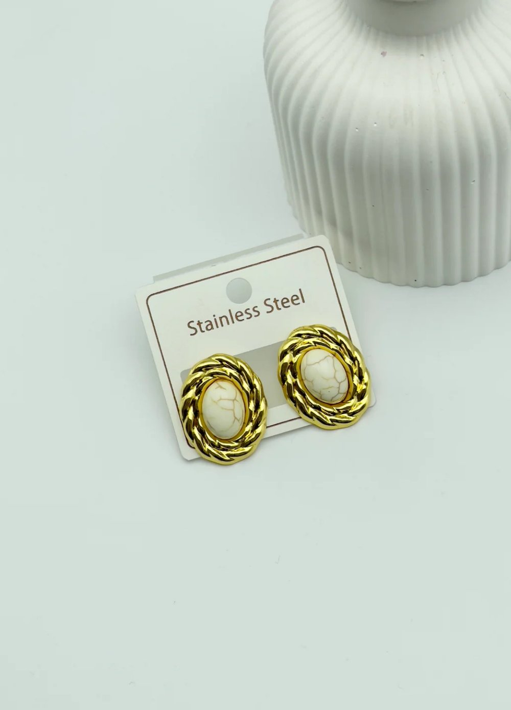 Çelik Gold Beyaz Taşlı Oval Küpe - 25-clk40