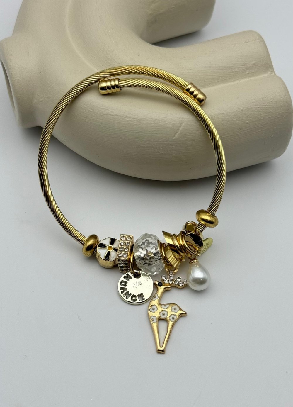 Çelik Gold İnci Taşlı Beyaz Geyik Charmlı Pandora Bileklik - 26blk36
