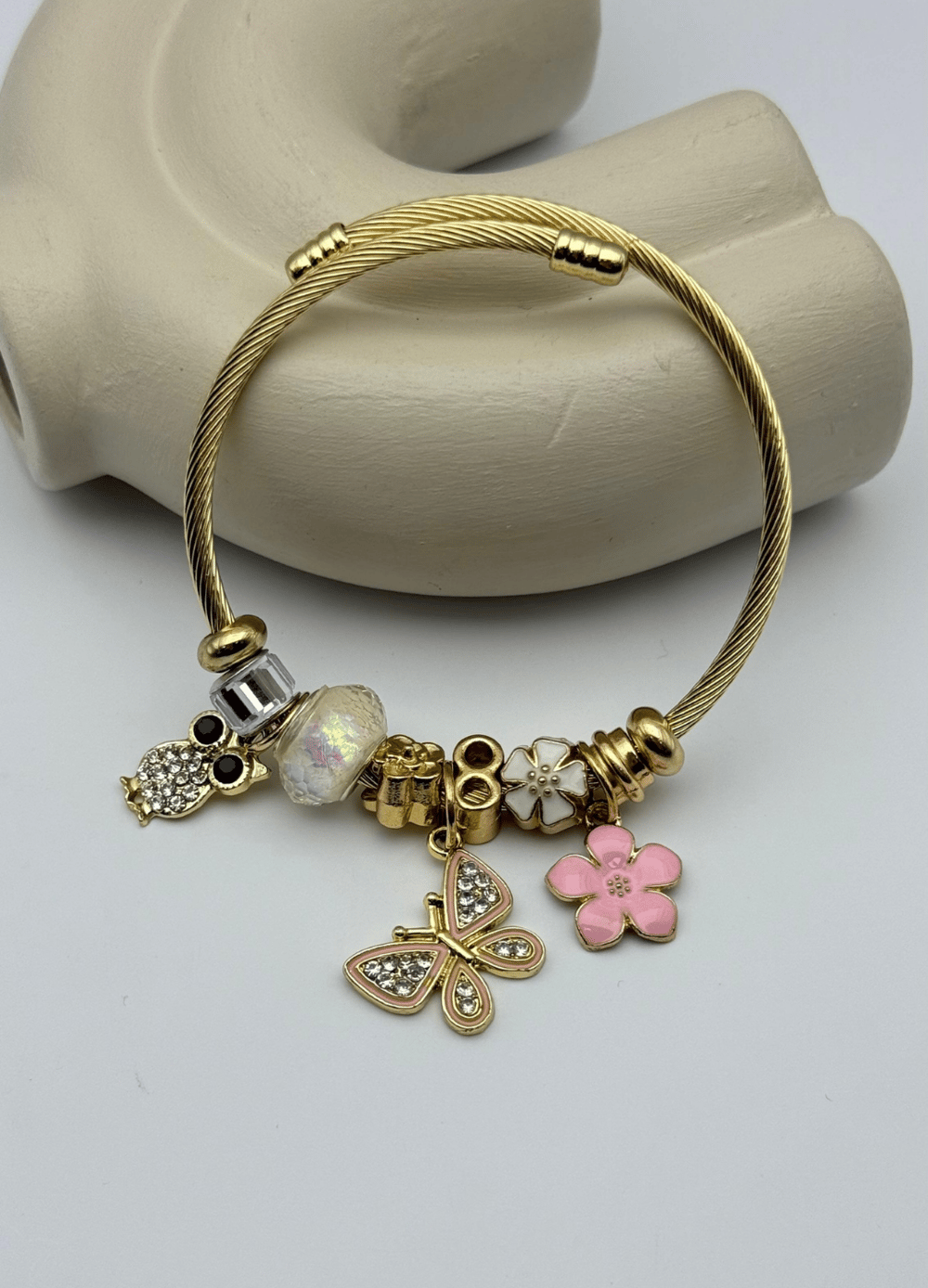 Çelik Gold Taşlı Kelebek Baykuş Çiçek Charmlı Pandora Bileklik - 26blk43
