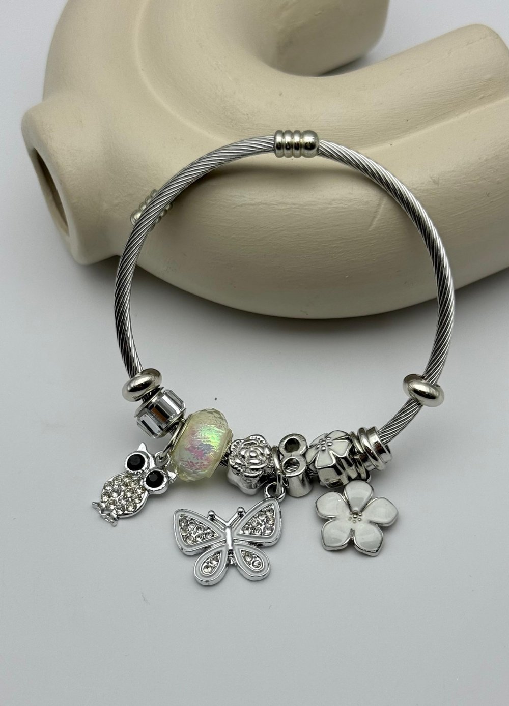 Çelik Silver Taşlı Baykuş Kelebek Beyaz Çiçek Charmlı Pandora Bileklik - 26blk49