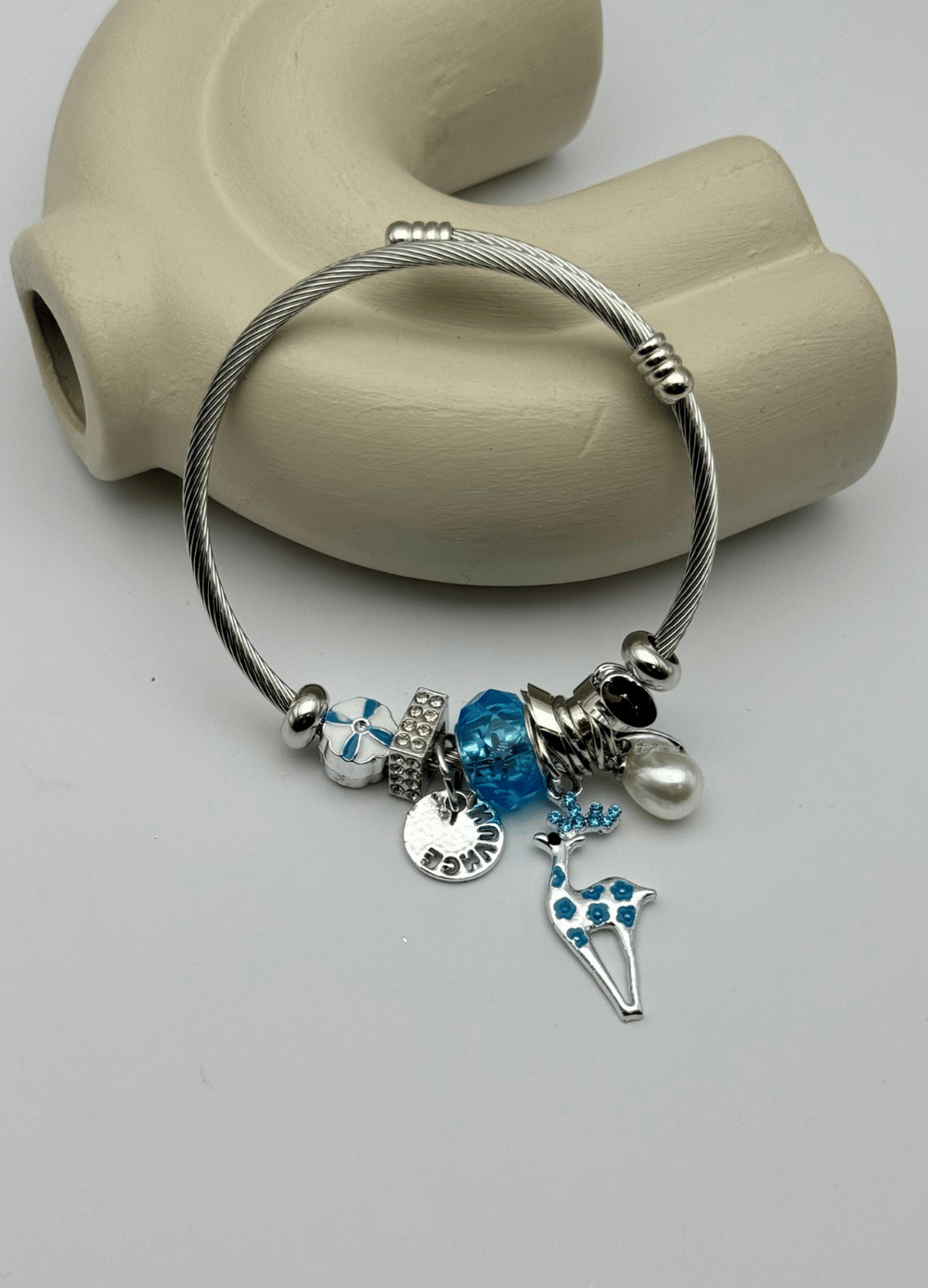 Çelik Silver Taşlı Mavi Geyik Charmlı Pandora Bileklik - 26blk66