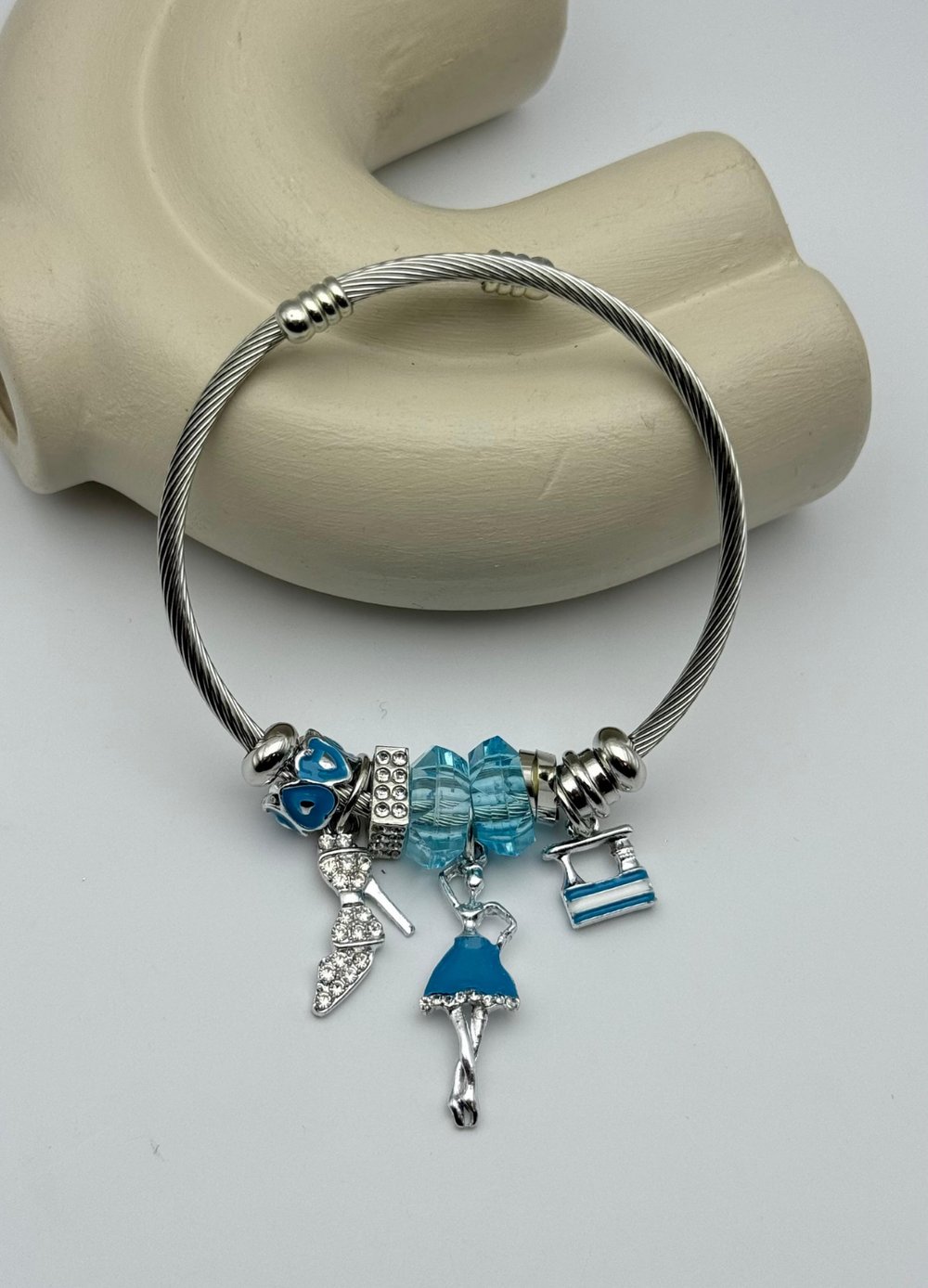 Çelik Silver Taşlı Topuklu Ayakkabı Mavi Kadın Figürlü Charmlı Pandora Bileklik - 26blk56
