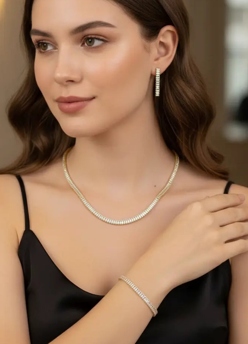 Vip Gold Taşlı Kolye Küpe Bileklik Su Yolu Set - 25-22ks04