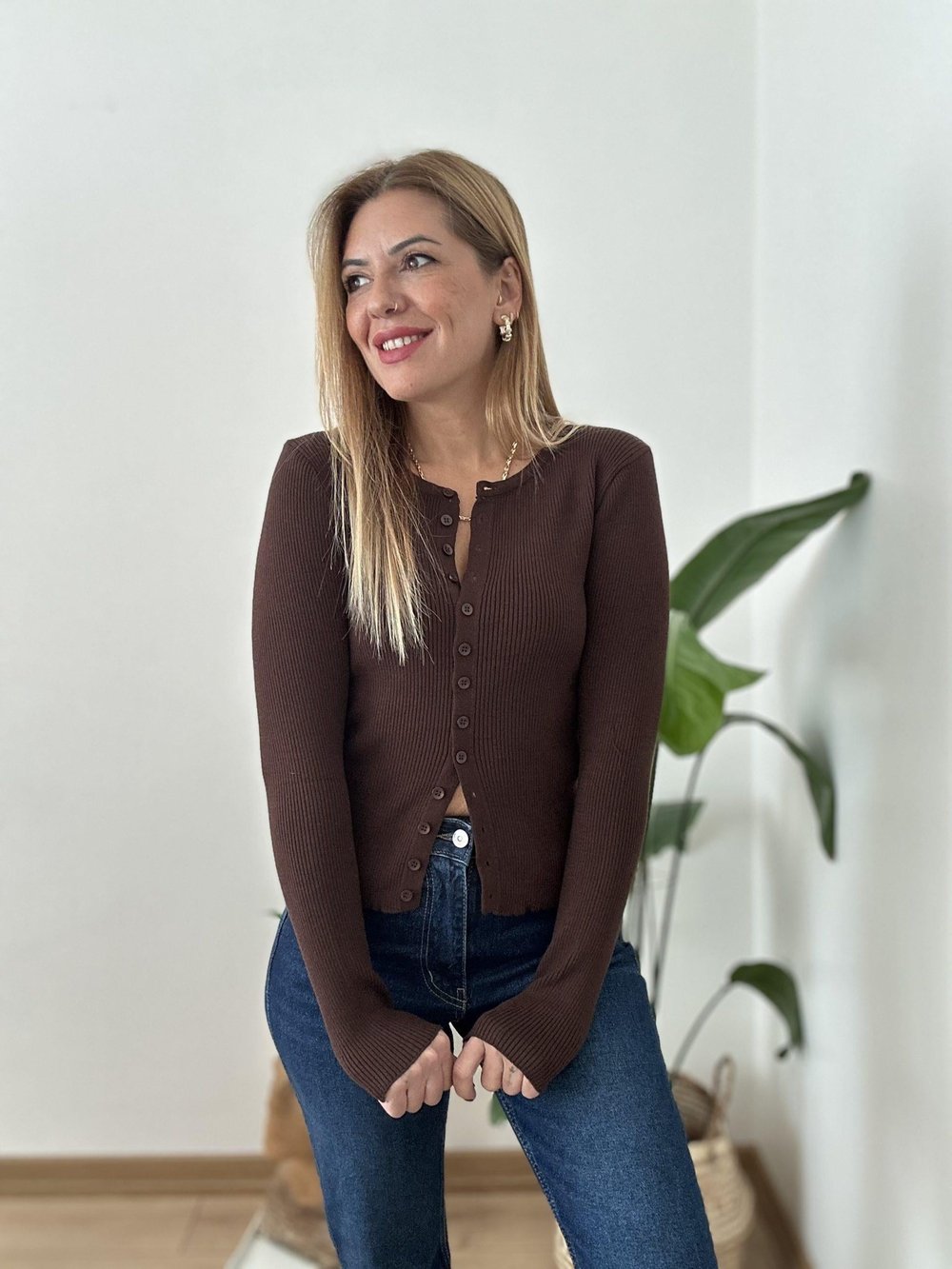 Kahve Fitilli Triko Hırka S