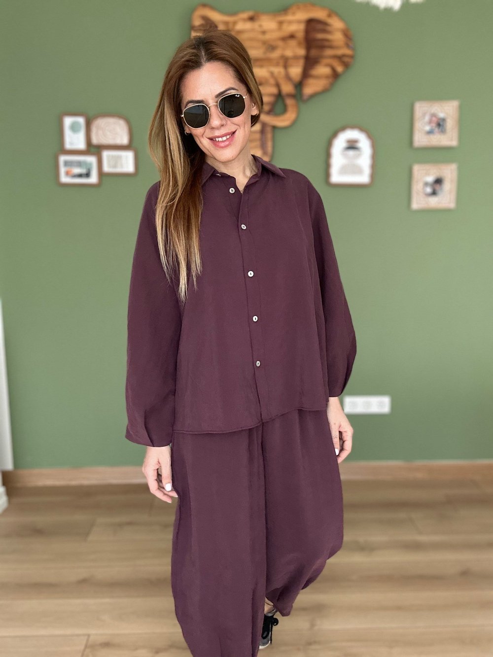 Mürdüm Modal Gömlek Pantolon Takım
