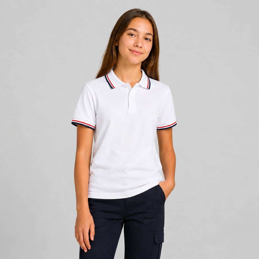 Lacivert Yaka Çizgili Okul Beyaz Lakos Tshirt