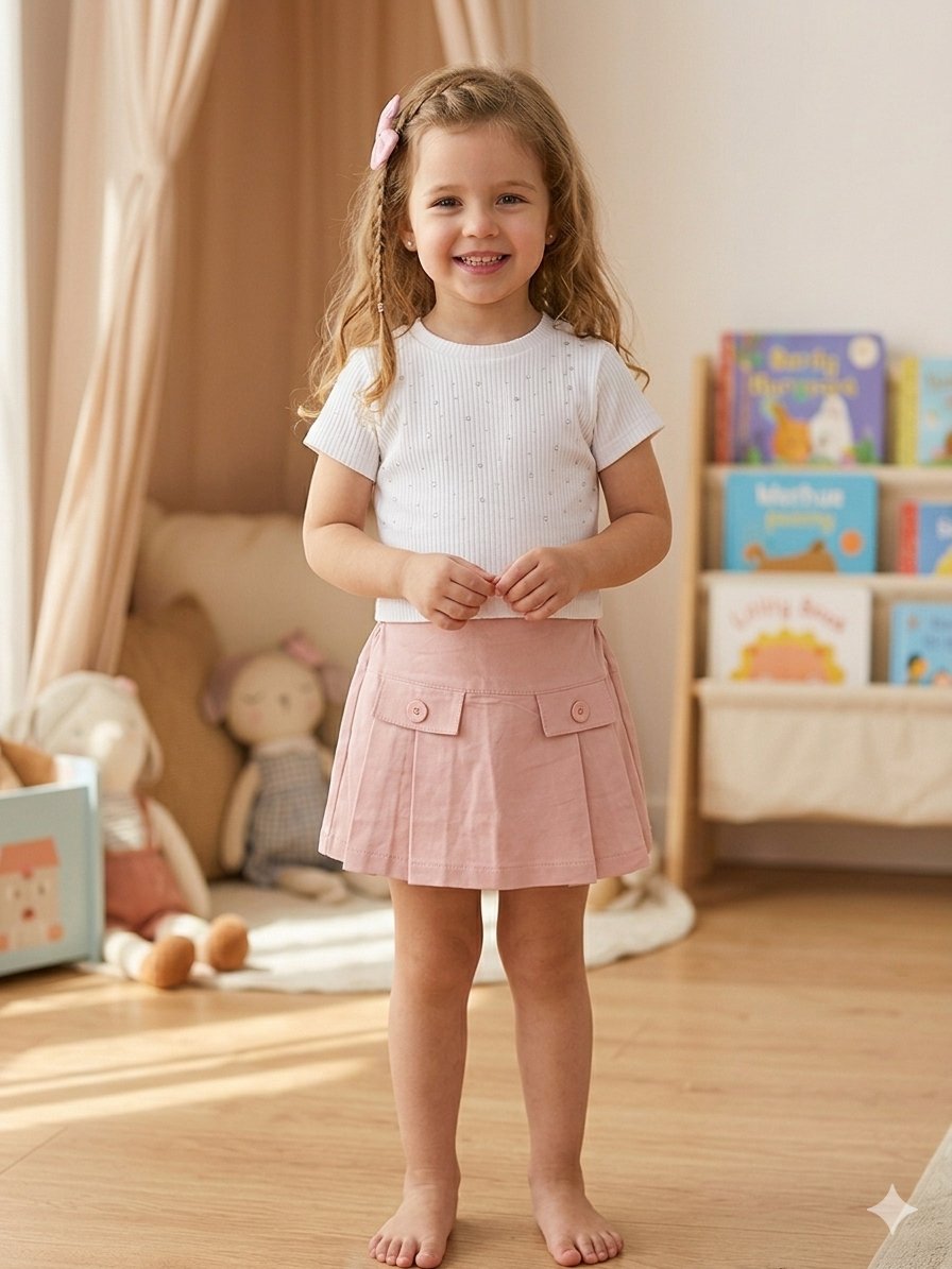 Woorage Gabardin Şort Etek 6-14 Yaş Pudra