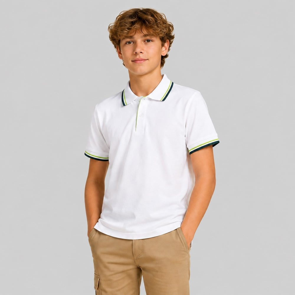 Yeşil Yaka Çizgili Okul Lakos Beyaz Tshirt