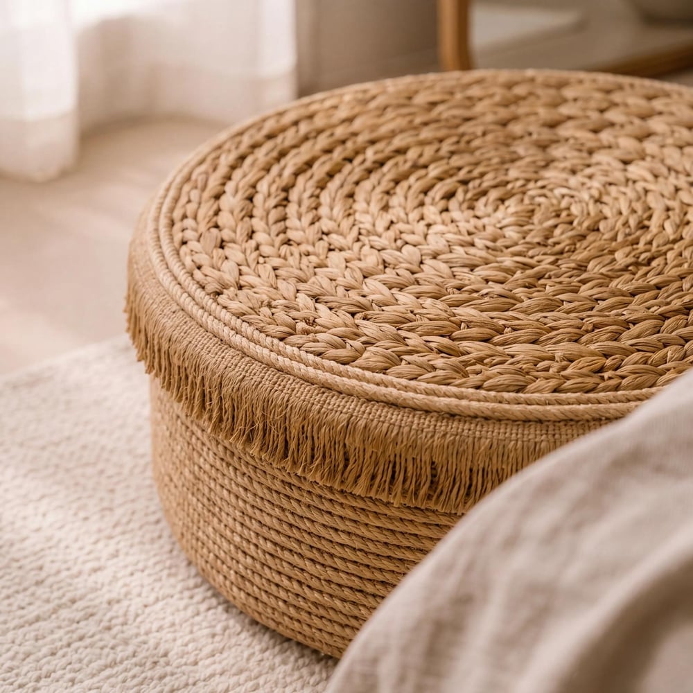 Natural Saçaklı Hasır Puf