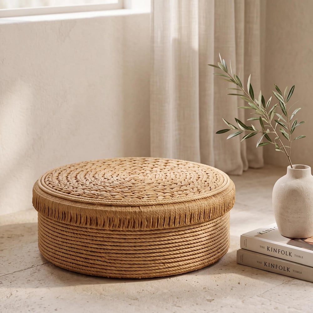 Natural Saçaklı Hasır Puf