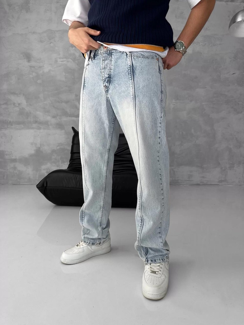 Yıkamalı Orta Şerit Baggy Pantolon