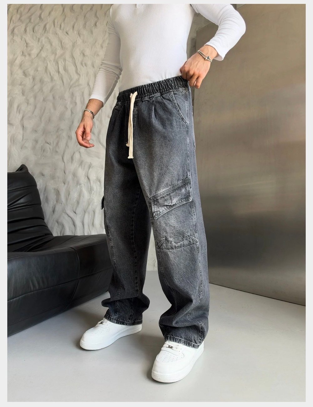FÜME BELİ LASTİKLİ KARGO CEPLİ BAGGY PANTOLON
