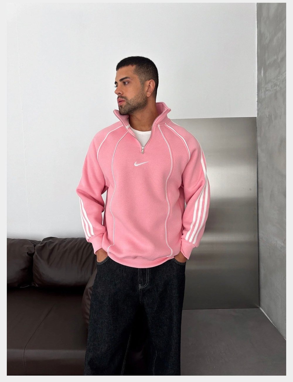 PEMBE ŞERİTLİ YARIM FERMUAR NİKE SWEAT