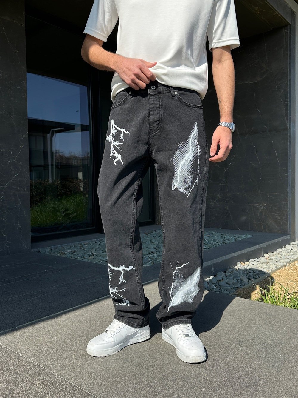 SİYAH ŞİMŞEK DESENLİ BAGGY PANTOLON