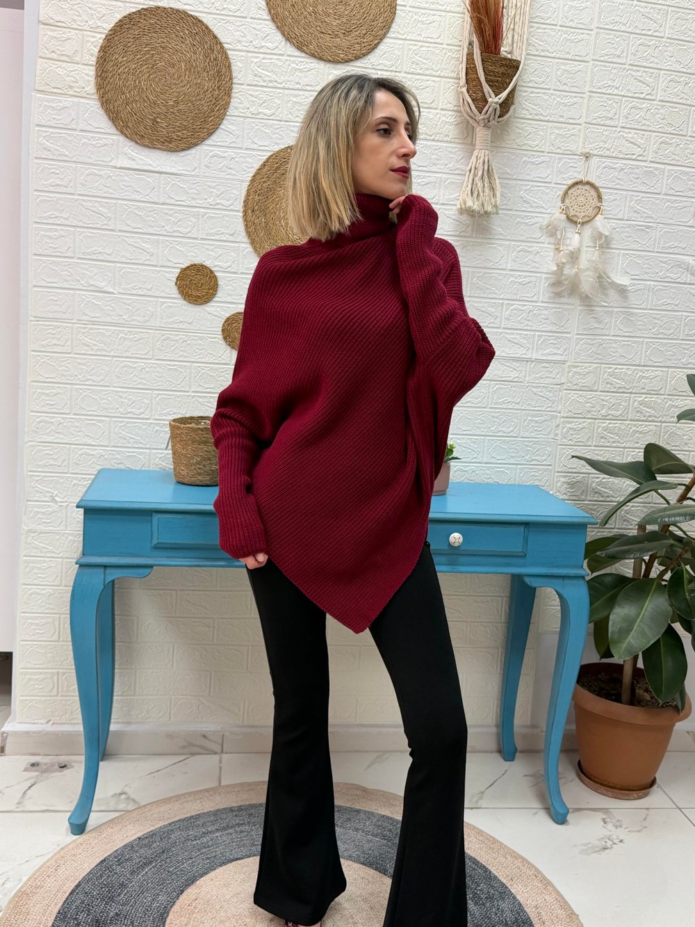 ASİMETRİK BOĞAZLI TRİKO KAZAK BORDO