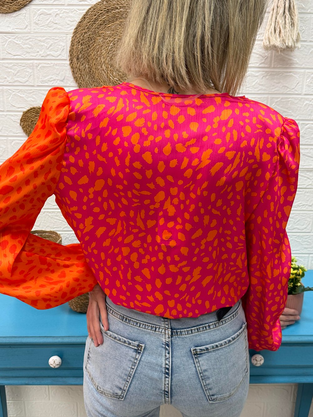 Kruvaze Desenli Bodysuit Oranj-Fuşya