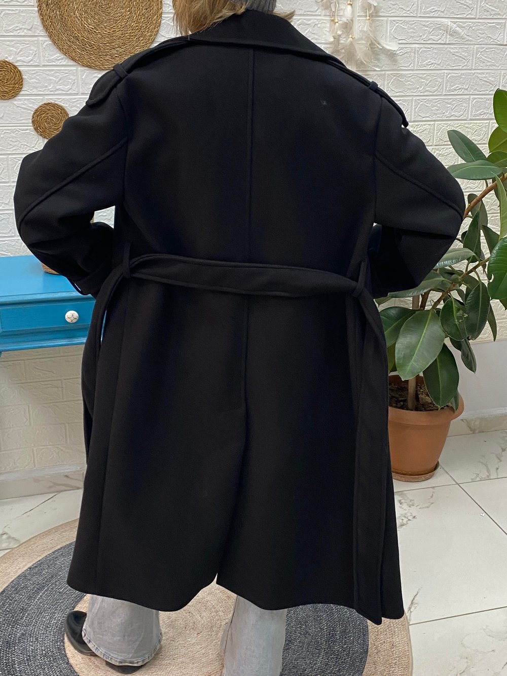 Lüx Kalite Apoletli Kuşaklı Kalın Kaşe Kaban Siyah