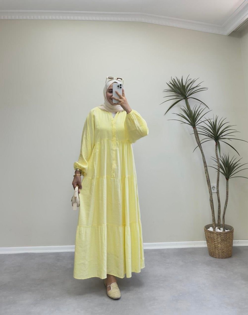 1878 - Düz Tencel Elbise - Sarı