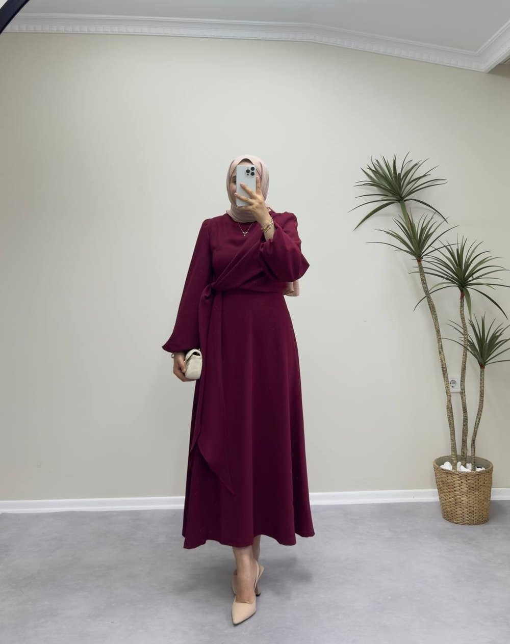 3063 - Yandan Bağlamalı Krep Elbise - Bordo