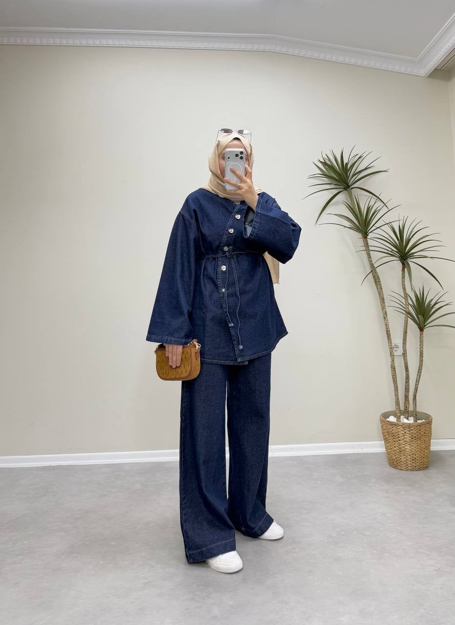 3100 - Düğmeli Denim Takım - Lacivert