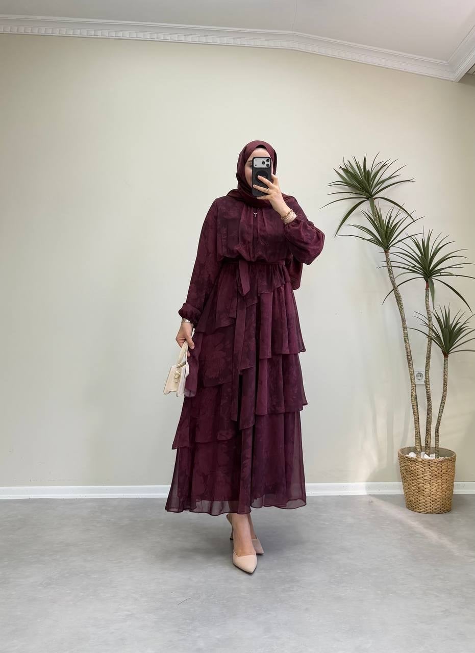 3162 - Katkat Şİfon Elbise - Bordo 