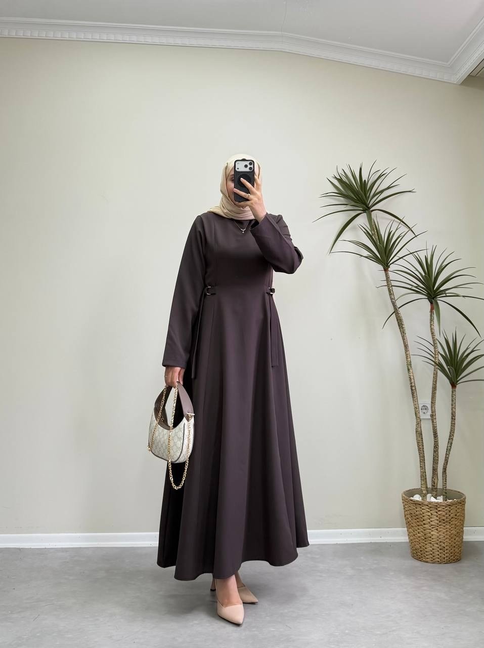 3391 - Toka Detaylı Elbise - Kahverengi