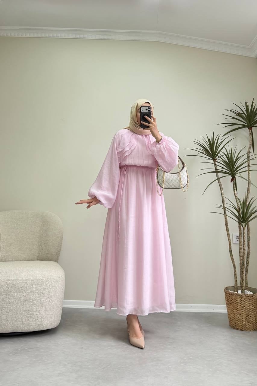 3704 - Çift Fırfırlı Elbise - Pembe