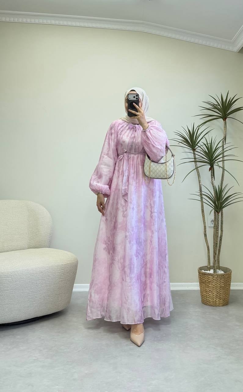 3773 - Dalga Desen Elbise - Pembe