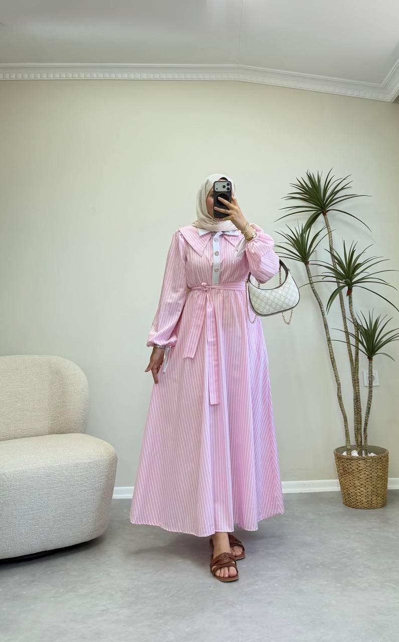 3940 - Karanfil Çizgili Elbise - Pembe