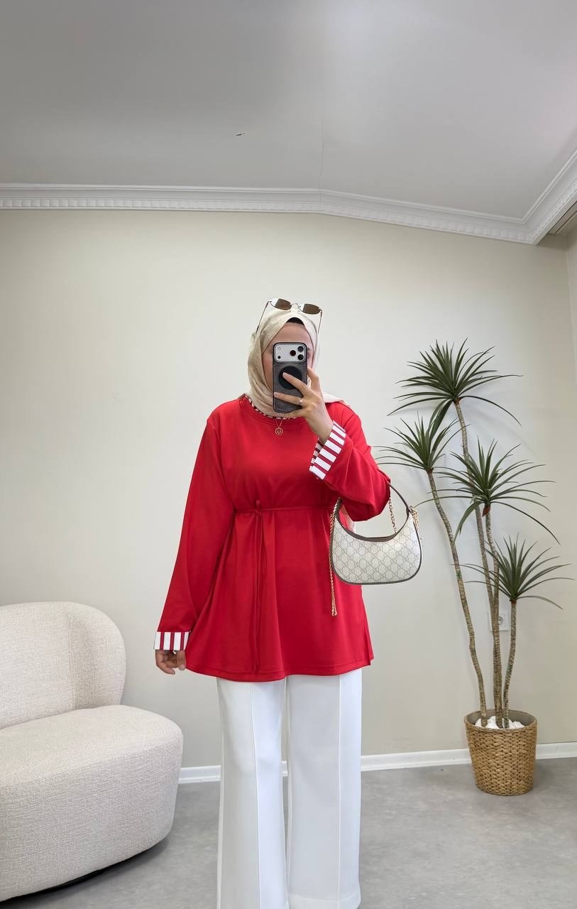 4149 - Ekoseli Oys Tunik - Kırmızı