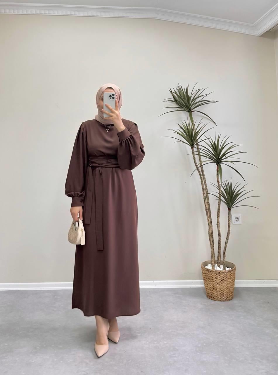 7154 - Kemerli Kalem Elbise - Kahve rengi