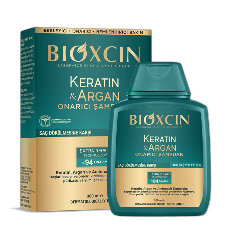 BIOXCIN KERATIN & ARGAN ONARICI SAMPUAN 300 ml şişeSaç Dökülmesi KarşıtıDERMA-COS1MST-9190BIOXCIN KERATIN & ARGAN ONARICI SAMPUAN 300 ml şişe