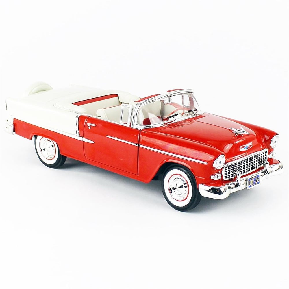AutoWorld AMM1265 1/18 Ölçek, 1955 Chevy Belair Convertible, Red White, Sergilemeye Hazır Metal Araba Modeli