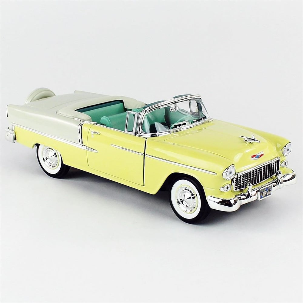 AutoWorld AMM1285 1/18 Ölçek, 1955 Chevy Bel Air Convertible, Yellow, Sergilemeye Hazır Metal Araba Modeli