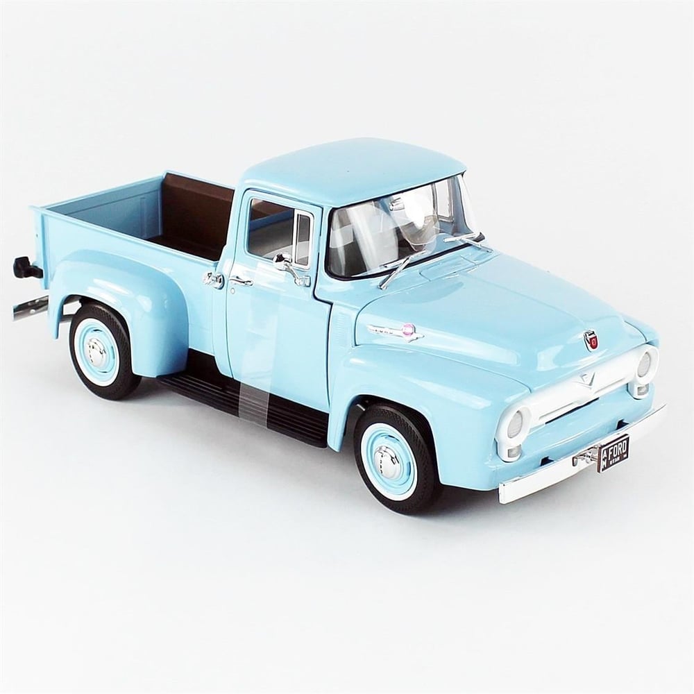 AutoWorld AW290 1/18 Ölçek, 1956 Ford F100 Pickup, Diamond Blue, Sergilemeye Hazır Metal Kamyonet Modeli