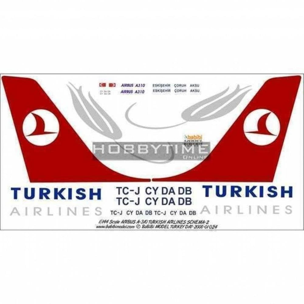 Babibi DAT01024 1/144 Ölçek, Thy, Airbus A310, Dekal Çıkartma