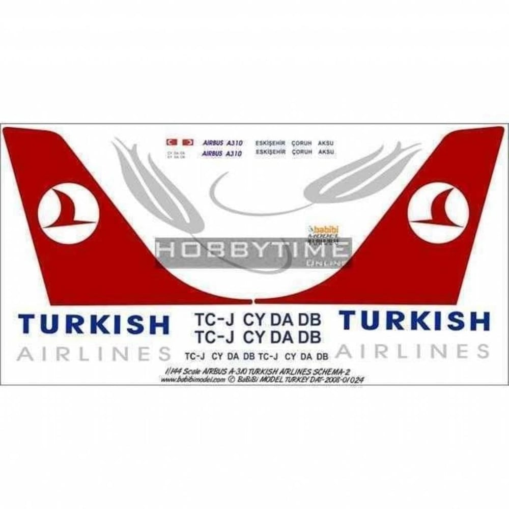 Babibi DAT01024 1/144 Ölçek, Thy, Airbus A310, Dekal Çıkartma