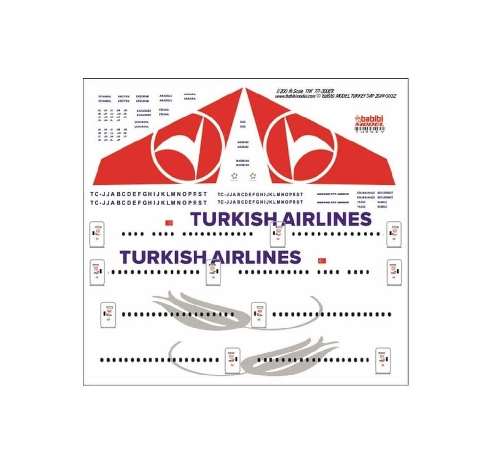 Babibi DAT01132 1/200 Ölçek, Thy, Boeing 777-300ER, Dekal Çıkartma