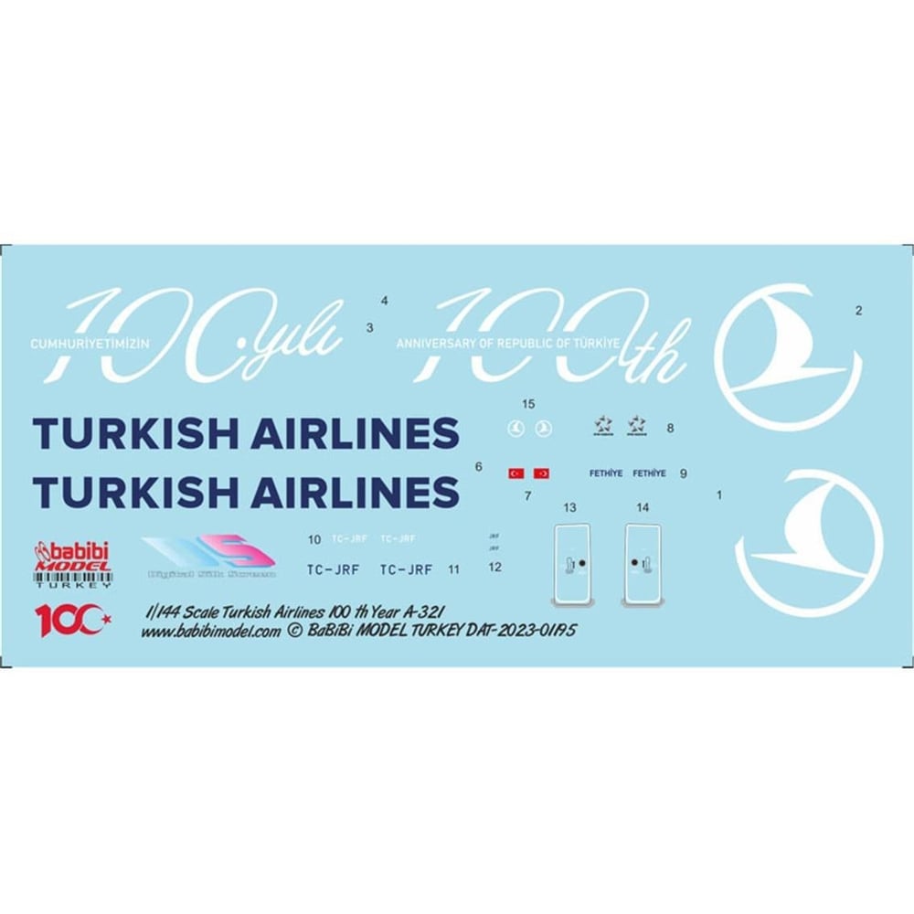 Babibi DAT01195 1/144 Türk Hava Yolları Airbus A-321-231 100.yıl özel boyama Decal Çıkartma