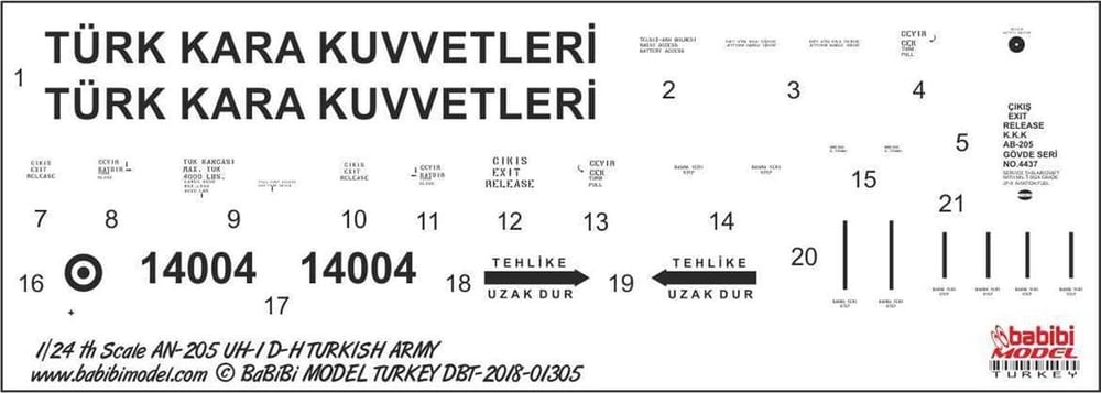 Babibi DBT01305 1/24 Ölçek, AN-205 ve UH-1, D-H Kara Kuvvetleri, Dekal Çıkartma