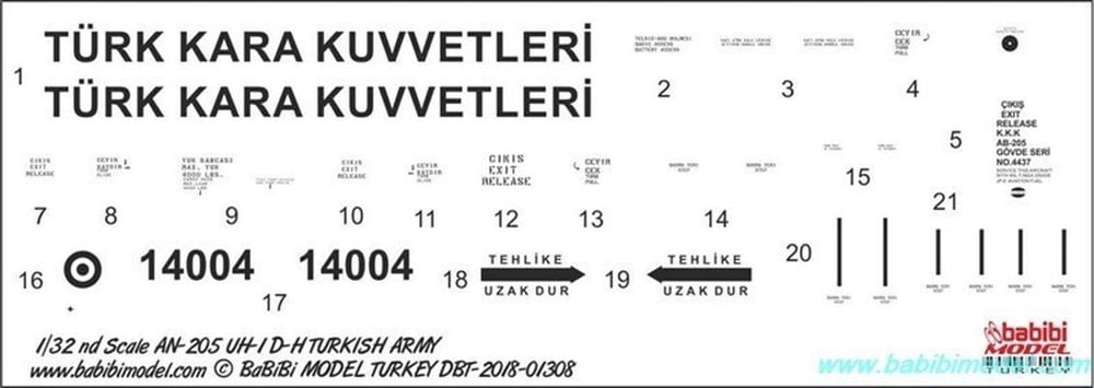 Babibi DBT01308 1/32 Ölçek, UH-1, Kara Kuvvetleri, Dekal Çıkartma