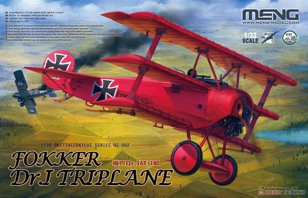Meng QS-016 1/32 Ölçek, Fokker Dr.I Kızıl Baron Üç Kanatlı Savaş Uçağı, Plastik Model Kiti